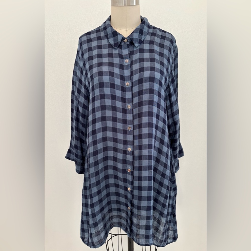Cut Loose Tunic/Dress NWT 3/4 Sleeve Classic Navy & Light Blue Plaid Button Up M